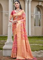 Organza Peach Pink Festival Wear Printed Saree